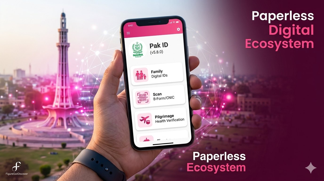 Hand holding smartphone displaying NADRA Pak ID mobile app version 5.8.0 new features featuring pink tech theme infographic with Minar e Pakistan in background