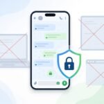 WhatsApp Restricted Chat privacy feature illustration showing a smartphone with chat messages and a lock shield, while linked devices like laptop, tablet and web browser are crossed out to restrict access