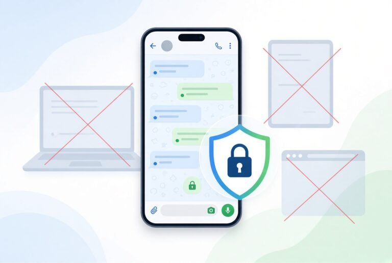 WhatsApp Restricted Chat privacy feature illustration showing a smartphone with chat messages and a lock shield, while linked devices like laptop, tablet and web browser are crossed out to restrict access