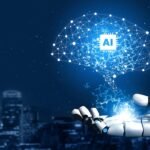 Robotic hand holding a glowing digital brain network with AI chip against a dark city skyline, representing artificial intelligence and cybersecurity risks
