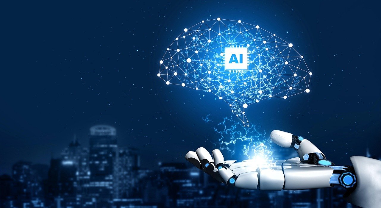 Robotic hand holding a glowing digital brain network with AI chip against a dark city skyline, representing artificial intelligence and cybersecurity risks